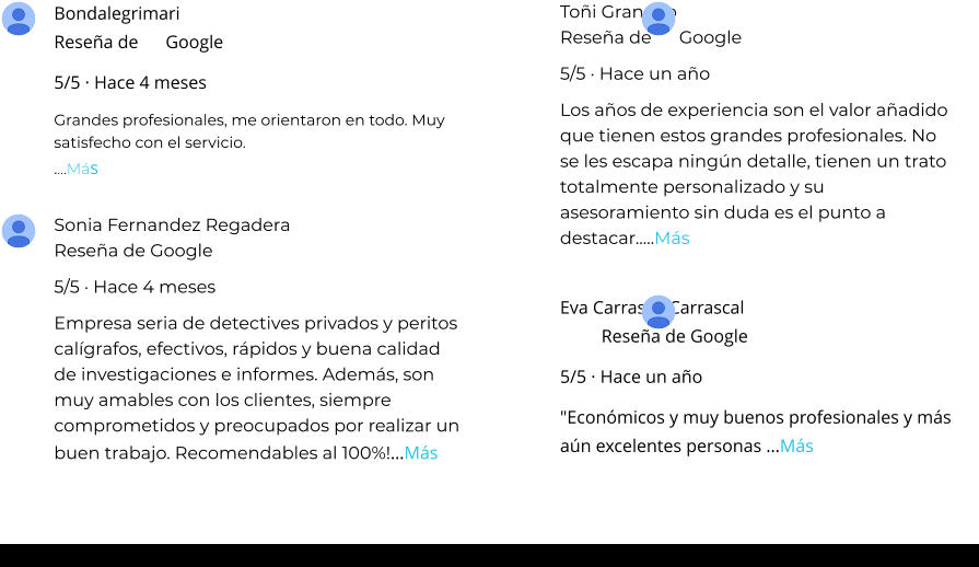 Bondalegrimari Reseña de      Google 5/5 · Hace 4 meses Grandes profesionales, me orientaron en todo. Muy satisfecho con el servicio. .…Más Toñi Granado Reseña de      Google 5/5 · Hace un año Los años de experiencia son el valor añadido que tienen estos grandes profesionales. No se les escapa ningún detalle, tienen un trato totalmente personalizado y su asesoramiento sin duda es el punto a destacar..…Más Sonia Fernandez Regadera Reseña de Google 5/5 · Hace 4 meses Empresa seria de detectives privados y peritos calígrafos, efectivos, rápidos y buena calidad de investigaciones e informes. Además, son muy amables con los clientes, siempre comprometidos y preocupados por realizar un buen trabajo. Recomendables al 100%!…Más Eva Carrasco Carrascal Reseña de Google 5/5 · Hace un año "Económicos y muy buenos profesionales y más aún excelentes personas …Más