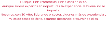 Busque. Pida referencias. Pida Casos de éxito. Aunque somos expertos en imposturas, la experiencia, la buena, no se imposta. Nosotros, con 30 Años liderando el sector, algunos más de experiencia y miles de casos de éxito, estamos deseando presumir de ellos.