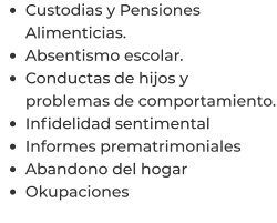 •	Custodias y Pensiones Alimenticias. •	Absentismo escolar. •	Conductas de hijos y problemas de comportamiento. •	Infidelidad sentimental  •	Informes prematrimoniales  •	Abandono del hogar  •	Okupaciones