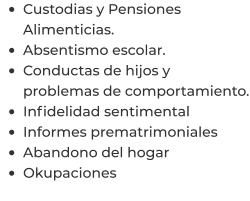 •	Custodias y Pensiones Alimenticias. •	Absentismo escolar. •	Conductas de hijos y problemas de comportamiento. •	Infidelidad sentimental  •	Informes prematrimoniales  •	Abandono del hogar  •	Okupaciones