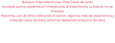 Busque. Pida referencias. Pida Casos de éxito. Aunque somos expertos en imposturas, la experiencia, la buena, no se imposta. Nosotros, con 30 Años liderando el sector, algunos más de experiencia y miles de casos de éxito, estamos deseando presumir de ellos.