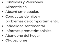 •	Custodias y Pensiones Alimenticias. •	Absentismo escolar. •	Conductas de hijos y problemas de comportamiento. •	Infidelidad sentimental  •	Informes prematrimoniales  •	Abandono del hogar  •	Okupaciones